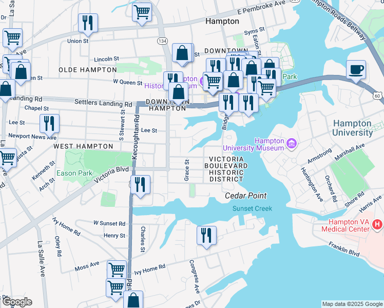 map of restaurants, bars, coffee shops, grocery stores, and more near 120 Linden Avenue in Hampton