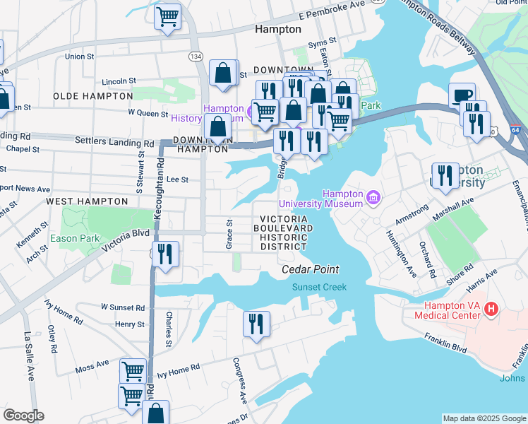 map of restaurants, bars, coffee shops, grocery stores, and more near 60 Linden Avenue in Hampton