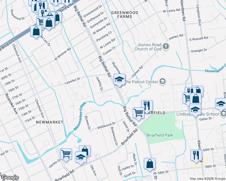 map of restaurants, bars, coffee shops, grocery stores, and more near 15 Harland Court in Hampton