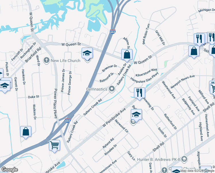 map of restaurants, bars, coffee shops, grocery stores, and more near 32 Azalea Drive in Hampton