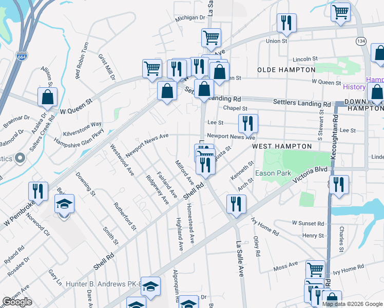map of restaurants, bars, coffee shops, grocery stores, and more near 711 South Fallon Court in Hampton