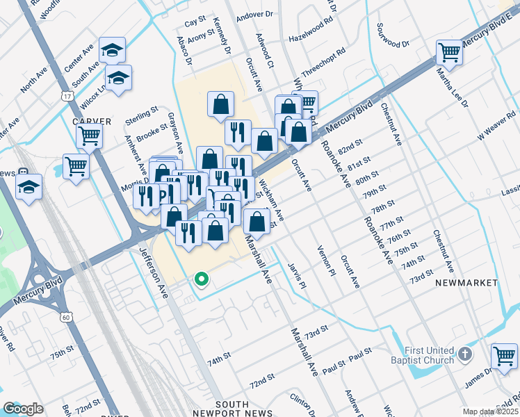 map of restaurants, bars, coffee shops, grocery stores, and more near 5106 81st Street in Newport News