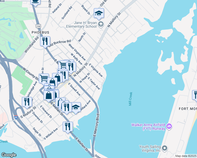 map of restaurants, bars, coffee shops, grocery stores, and more near 121 East Kelly Avenue in Hampton