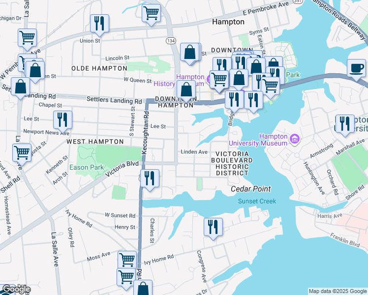 map of restaurants, bars, coffee shops, grocery stores, and more near 7 Acorn Street in Hampton