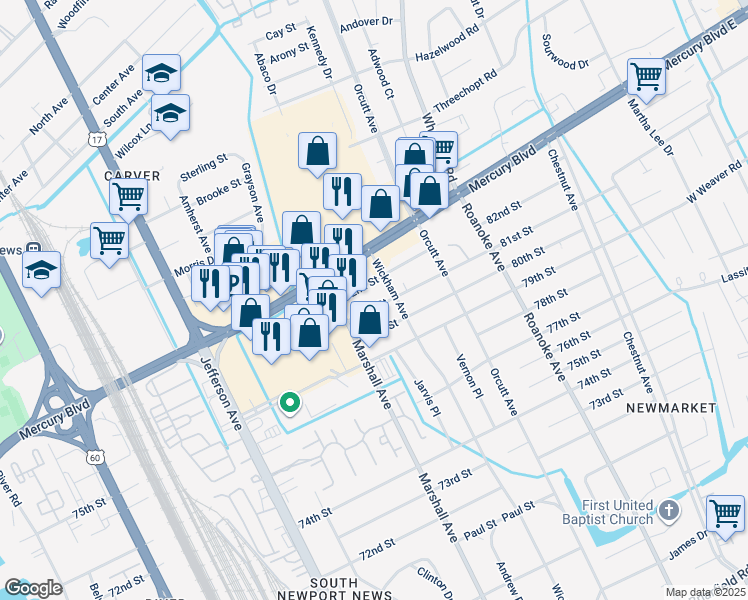 map of restaurants, bars, coffee shops, grocery stores, and more near 5106 81st Street in Newport News