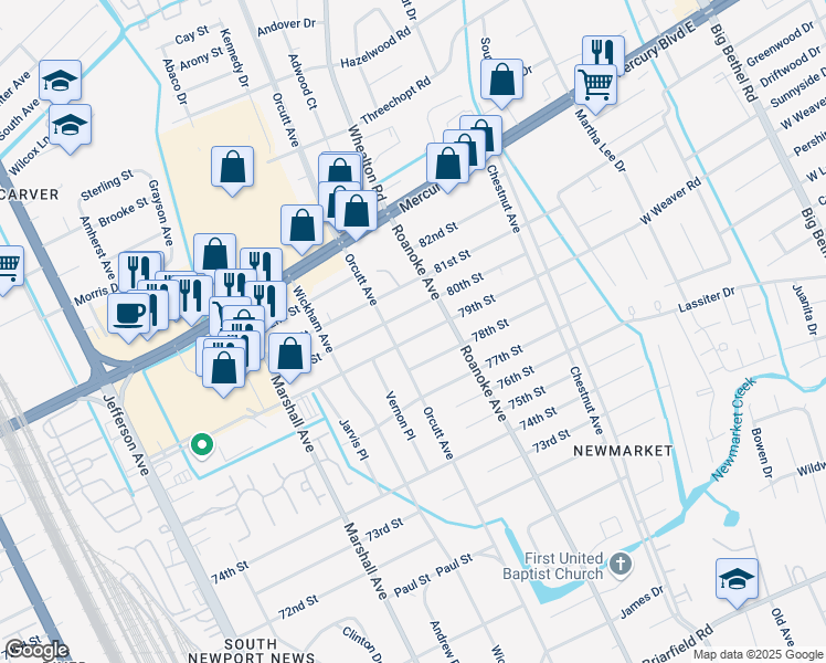 map of restaurants, bars, coffee shops, grocery stores, and more near 1005 79th Street in Newport News