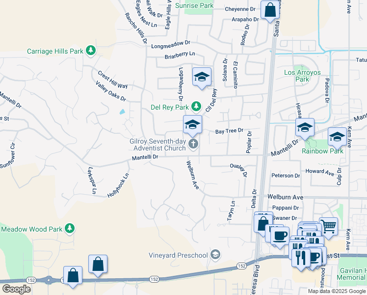 map of restaurants, bars, coffee shops, grocery stores, and more near 1610 Anson Court in Gilroy