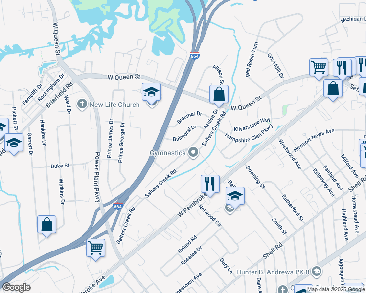 map of restaurants, bars, coffee shops, grocery stores, and more near 32 Azalea Drive in Hampton