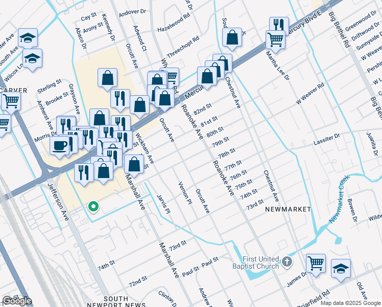 map of restaurants, bars, coffee shops, grocery stores, and more near 1005 79th Street in Newport News