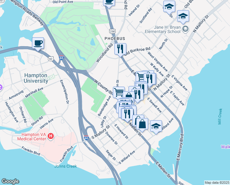 map of restaurants, bars, coffee shops, grocery stores, and more near 9 Fulton Street in Hampton