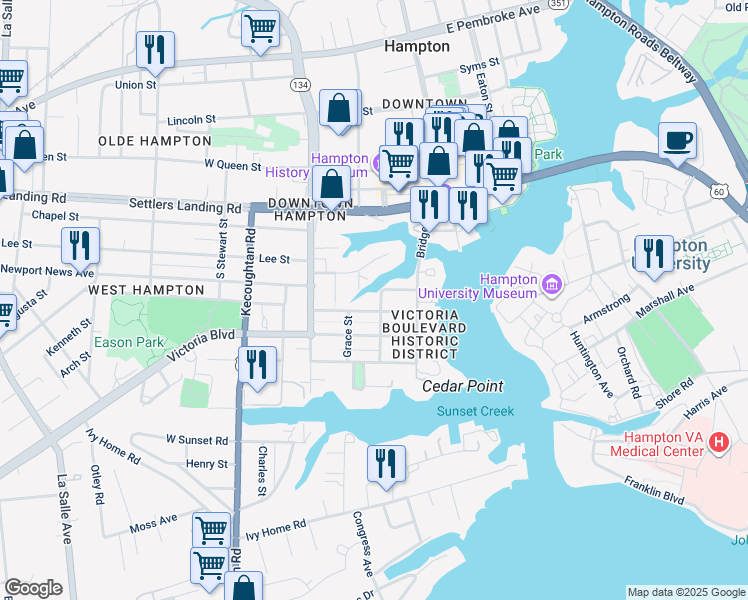 map of restaurants, bars, coffee shops, grocery stores, and more near 106 Linden Avenue in Hampton