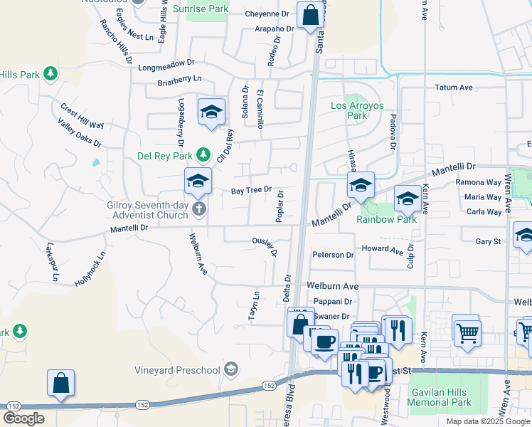 map of restaurants, bars, coffee shops, grocery stores, and more near 8727 Toyon Court in Gilroy