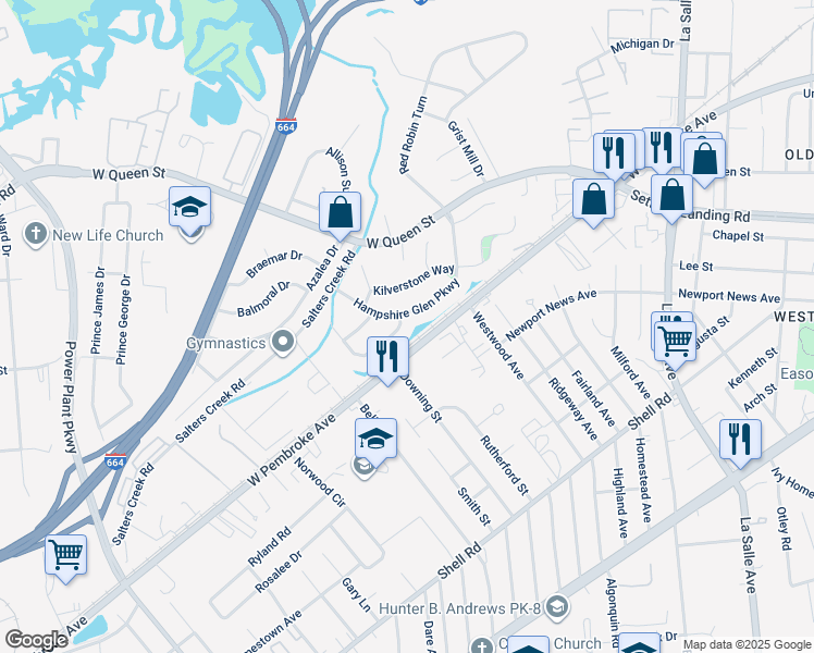 map of restaurants, bars, coffee shops, grocery stores, and more near 4 Ravenscroft Lane in Hampton