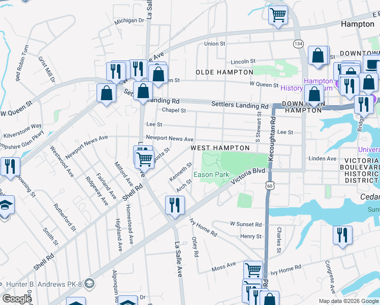 map of restaurants, bars, coffee shops, grocery stores, and more near 3926 Shell Road in Hampton