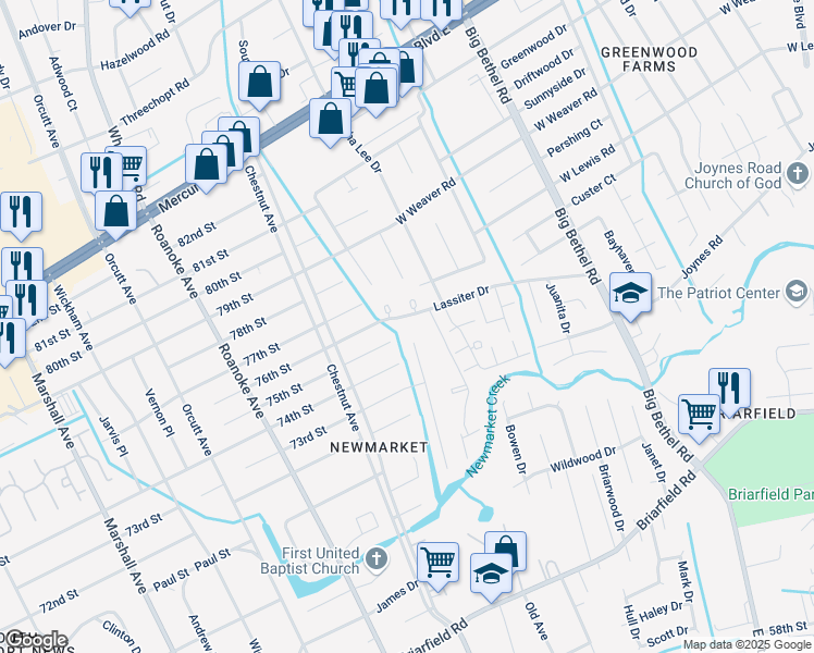 map of restaurants, bars, coffee shops, grocery stores, and more near 901 Emma Kate Court in Newport News