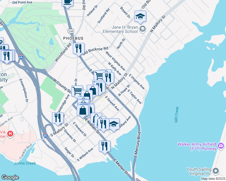 map of restaurants, bars, coffee shops, grocery stores, and more near 200 North Mallory Street in Hampton