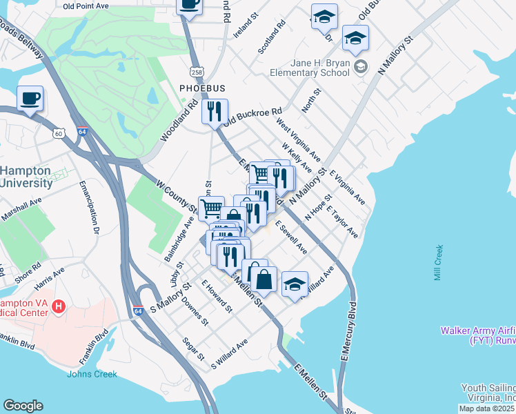 map of restaurants, bars, coffee shops, grocery stores, and more near 608 East Mercury Boulevard in Hampton