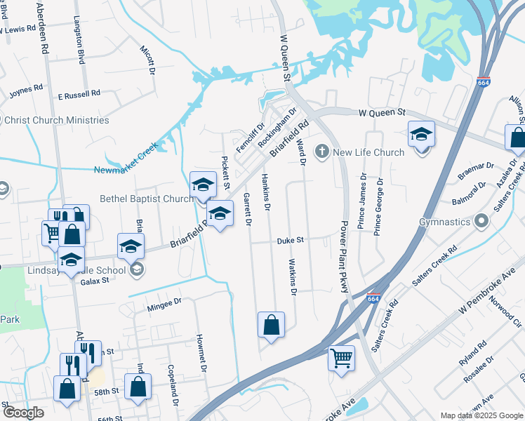 map of restaurants, bars, coffee shops, grocery stores, and more near 20 Hankins Drive in Hampton