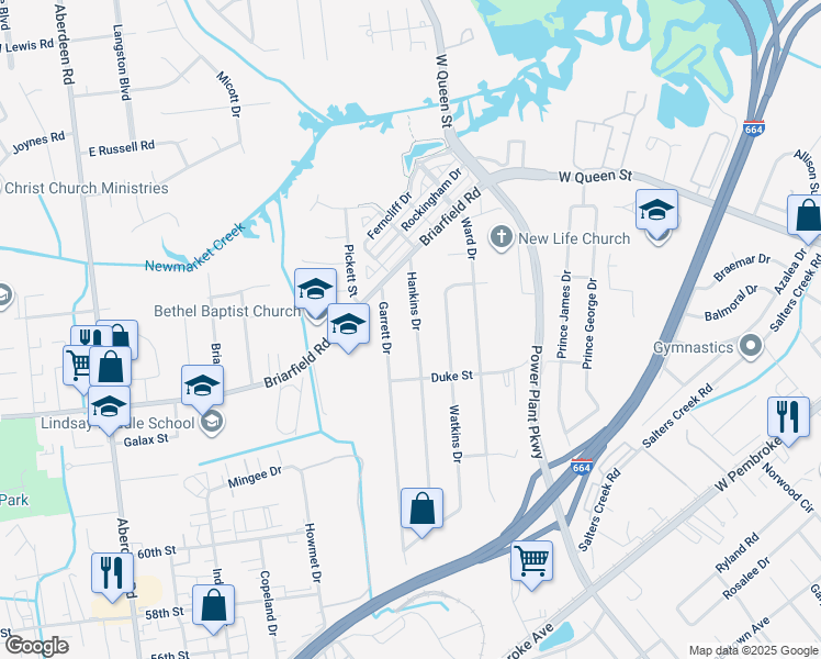 map of restaurants, bars, coffee shops, grocery stores, and more near 20 Hankins Drive in Hampton