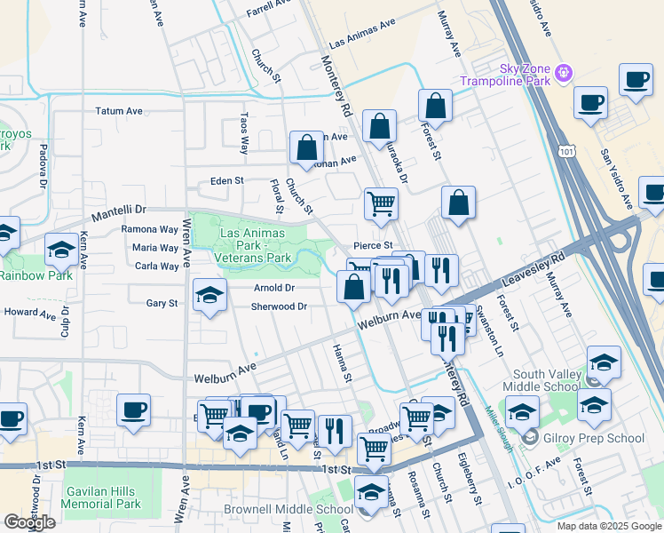 map of restaurants, bars, coffee shops, grocery stores, and more near 8587 Church Street in Gilroy