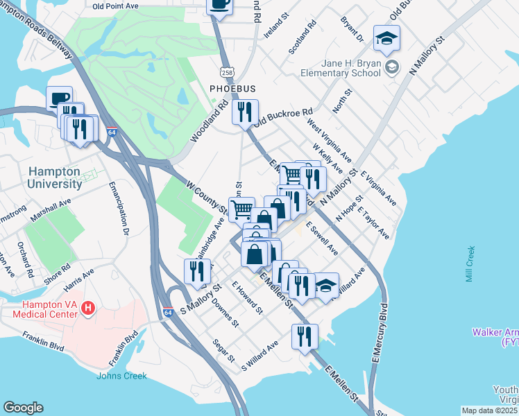 map of restaurants, bars, coffee shops, grocery stores, and more near 4 Semple Street in Hampton