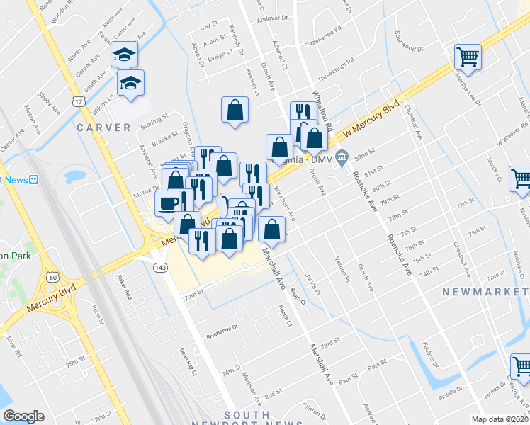 map of restaurants, bars, coffee shops, grocery stores, and more near 5111 82nd Street in Newport News