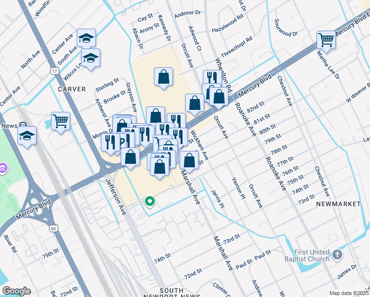 map of restaurants, bars, coffee shops, grocery stores, and more near 5111 82nd Street in Newport News