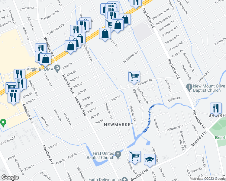 map of restaurants, bars, coffee shops, grocery stores, and more near 1209 76th Street in Newport News