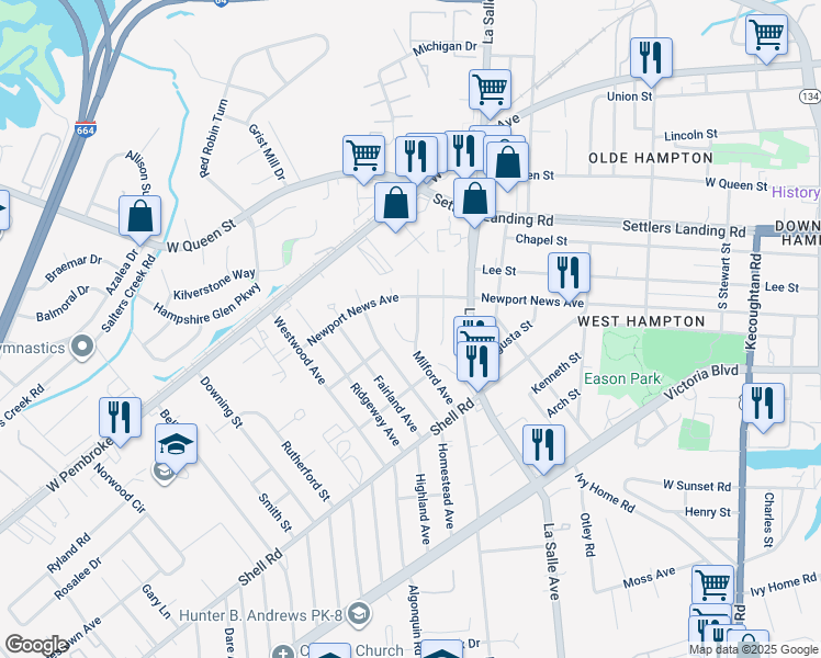 map of restaurants, bars, coffee shops, grocery stores, and more near 719 Milford Avenue in Hampton