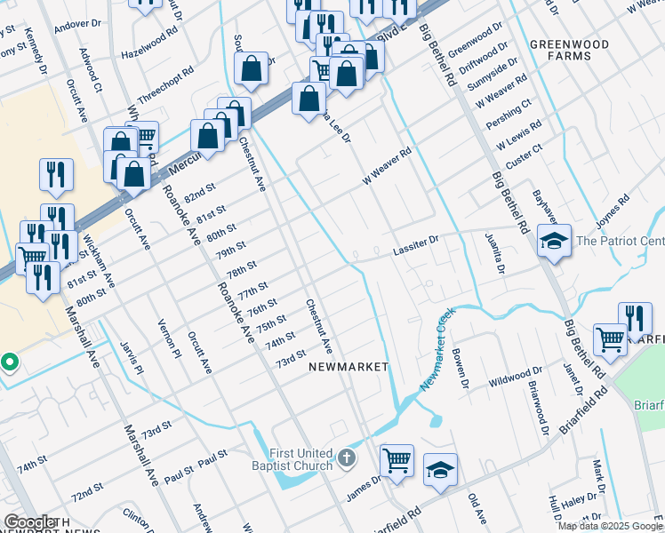 map of restaurants, bars, coffee shops, grocery stores, and more near 1209 76th Street in Newport News