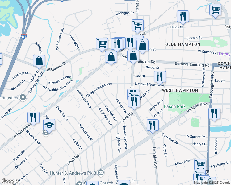 map of restaurants, bars, coffee shops, grocery stores, and more near 719 Milford Avenue in Hampton