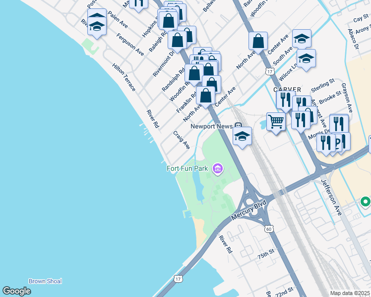 map of restaurants, bars, coffee shops, grocery stores, and more near 139 South Avenue in Newport News