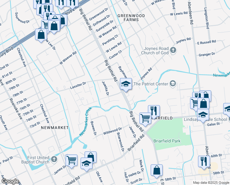 map of restaurants, bars, coffee shops, grocery stores, and more near 15 Harland Court in Hampton