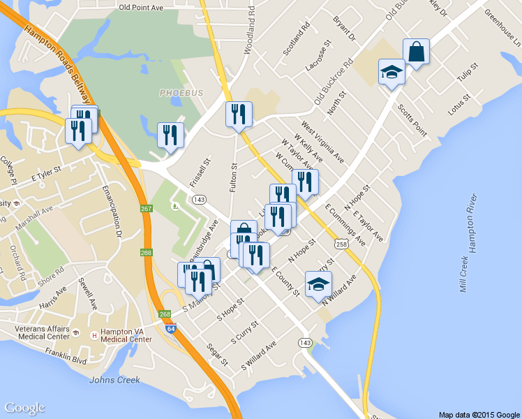 map of restaurants, bars, coffee shops, grocery stores, and more near 7 West Sewell Avenue in Hampton