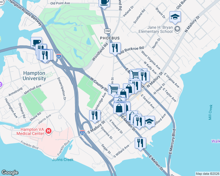 map of restaurants, bars, coffee shops, grocery stores, and more near 20 Fulton Street in Hampton