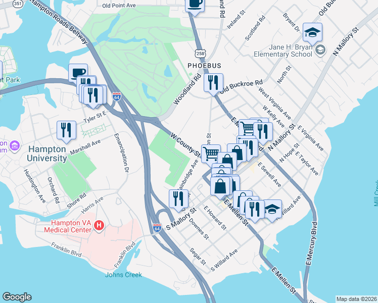 map of restaurants, bars, coffee shops, grocery stores, and more near 77b West County Street in Hampton