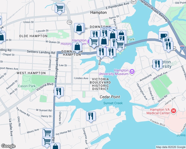 map of restaurants, bars, coffee shops, grocery stores, and more near 500 Bridge Street in Hampton
