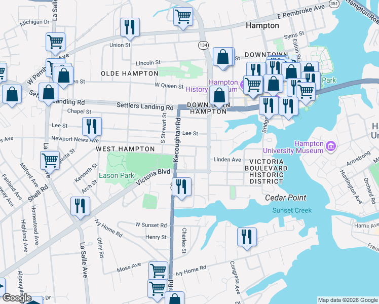 map of restaurants, bars, coffee shops, grocery stores, and more near 249 Newport News Avenue in Hampton