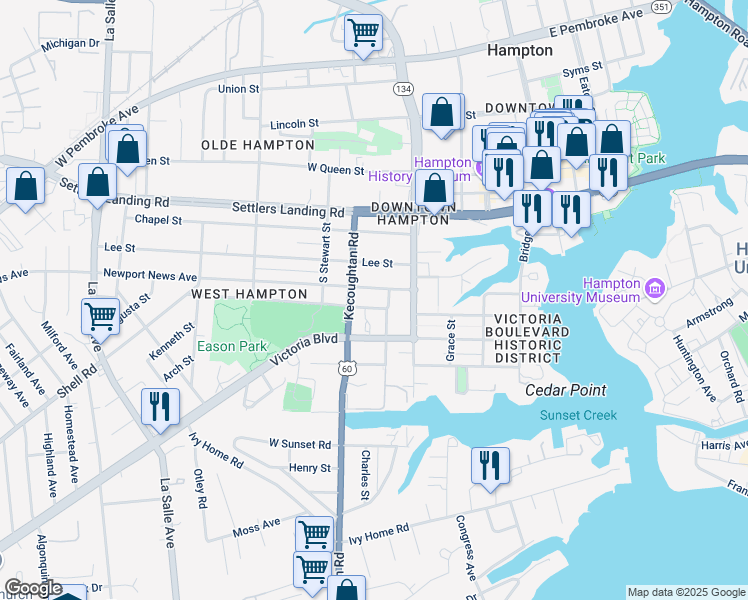 map of restaurants, bars, coffee shops, grocery stores, and more near 249 Newport News Avenue in Hampton