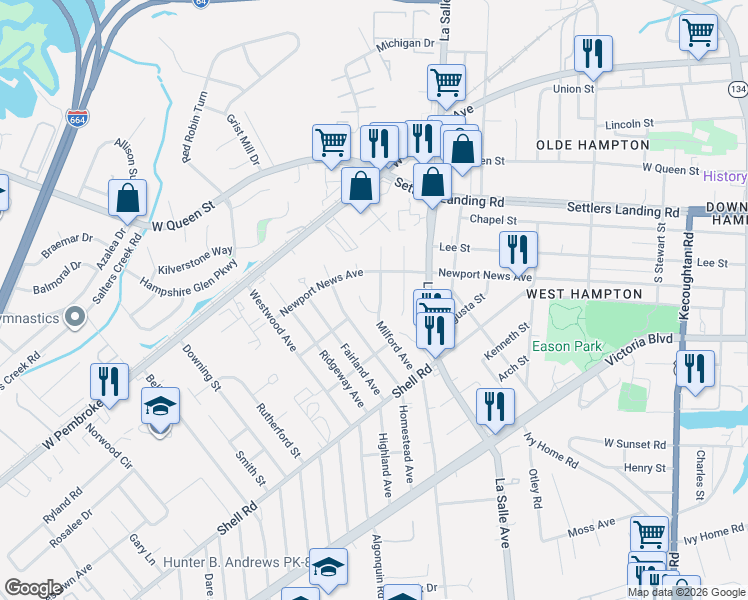 map of restaurants, bars, coffee shops, grocery stores, and more near 815 Judy Court in Hampton