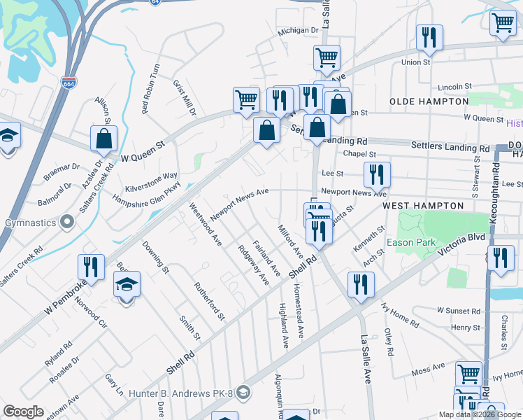 map of restaurants, bars, coffee shops, grocery stores, and more near 815 Judy Court in Hampton