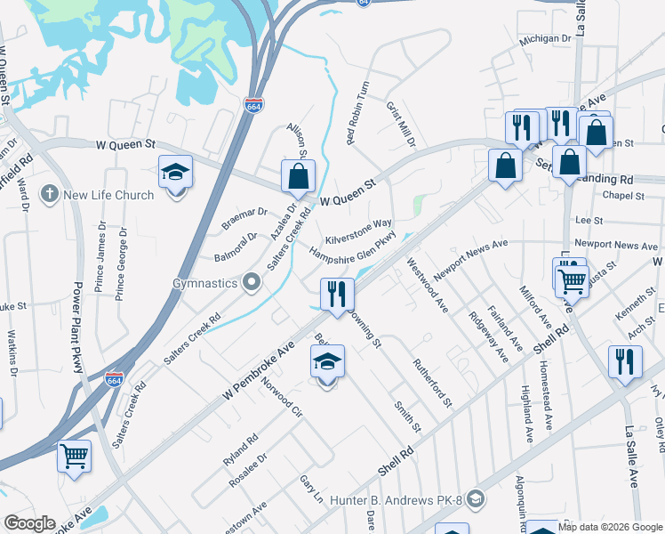 map of restaurants, bars, coffee shops, grocery stores, and more near 13 Hampshire Glen Parkway in Hampton