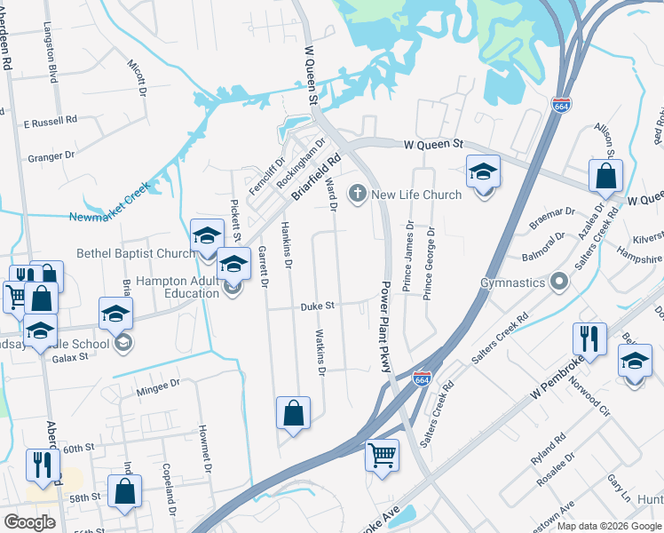 map of restaurants, bars, coffee shops, grocery stores, and more near 109 Ward Drive in Hampton