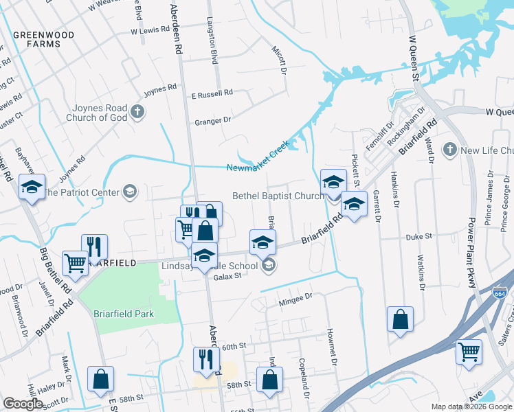 map of restaurants, bars, coffee shops, grocery stores, and more near 927 Glenrock Drive in Hampton