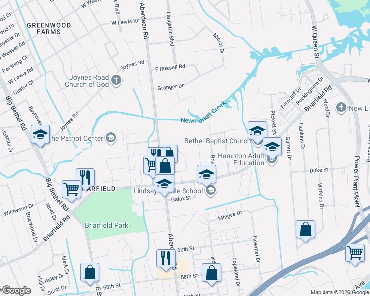map of restaurants, bars, coffee shops, grocery stores, and more near 926 Thornbriar Court in Hampton