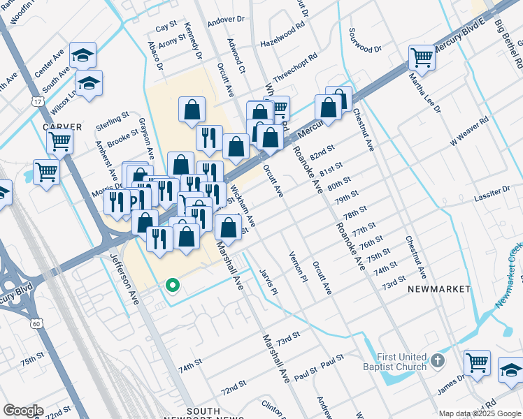 map of restaurants, bars, coffee shops, grocery stores, and more near 5008 81st Street in Newport News