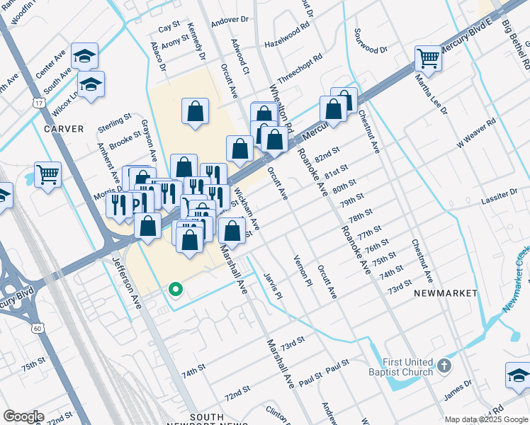 map of restaurants, bars, coffee shops, grocery stores, and more near 5008 81st Street in Newport News