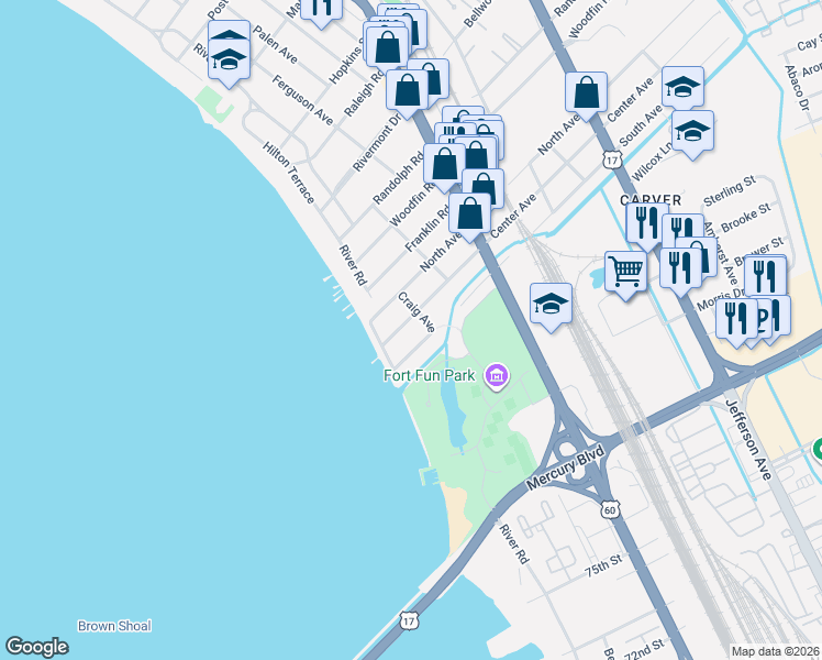 map of restaurants, bars, coffee shops, grocery stores, and more near 105 Craig Avenue in Newport News