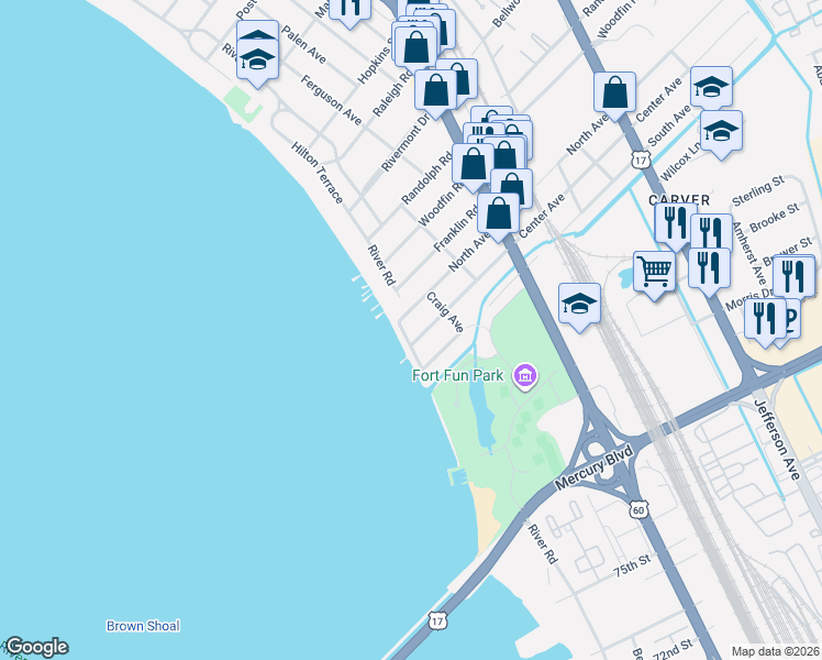 map of restaurants, bars, coffee shops, grocery stores, and more near 9506 River Road in Newport News