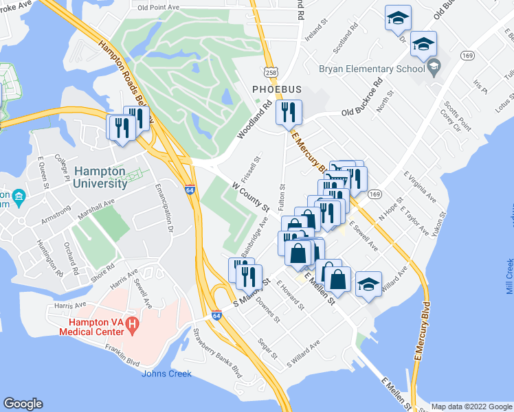 map of restaurants, bars, coffee shops, grocery stores, and more near 77b West County Street in Hampton
